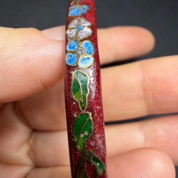 Vintage Red Cloisonné Floral Bangle Bracelet - Picture 4 of 8
